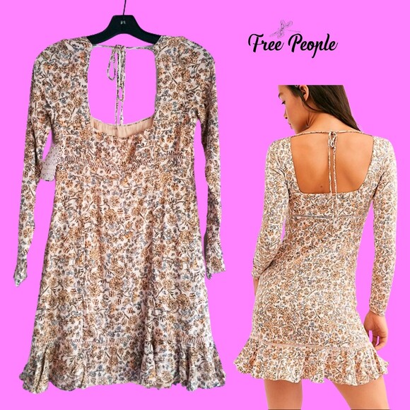 Free People NEW BOHEME Floral Lattice Trim Back Tie Dress 6 - Picture 8 of 12